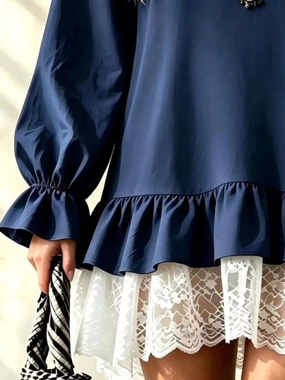 V-Neck Long Sleeve Ruffle Hem Lace Trim Mini Dress by Trendsi