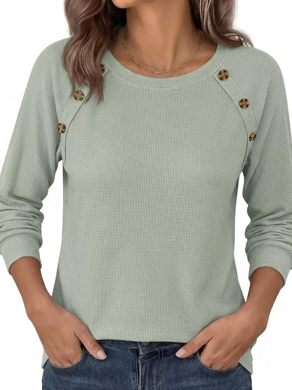 Decorative Button Waffle Knit Long Sleeve T-Shirt by Trendsi