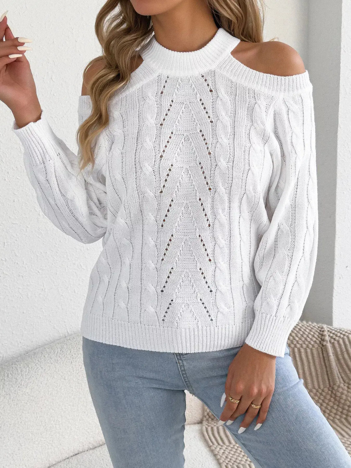 Cold Shoulder Cable Knit Sweater by Trendsi
