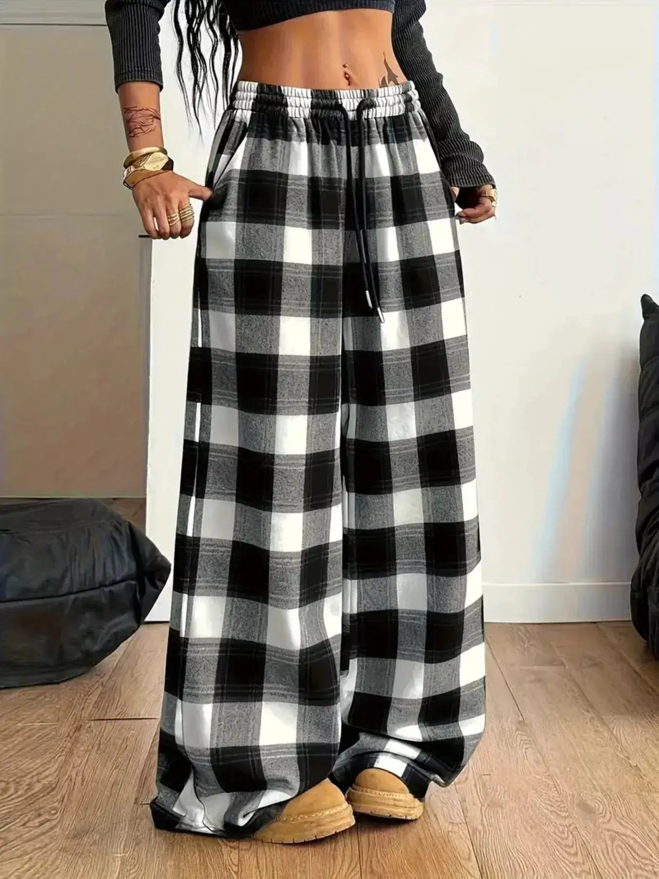 Plus Size Plaid Wide-Leg Drawstring Pants by Trendsi
