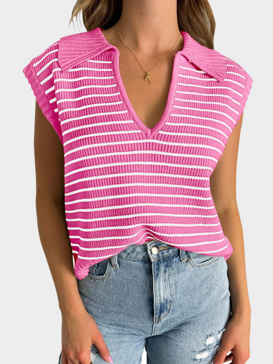 Mandy Collared Neck Striped Sweater Vest