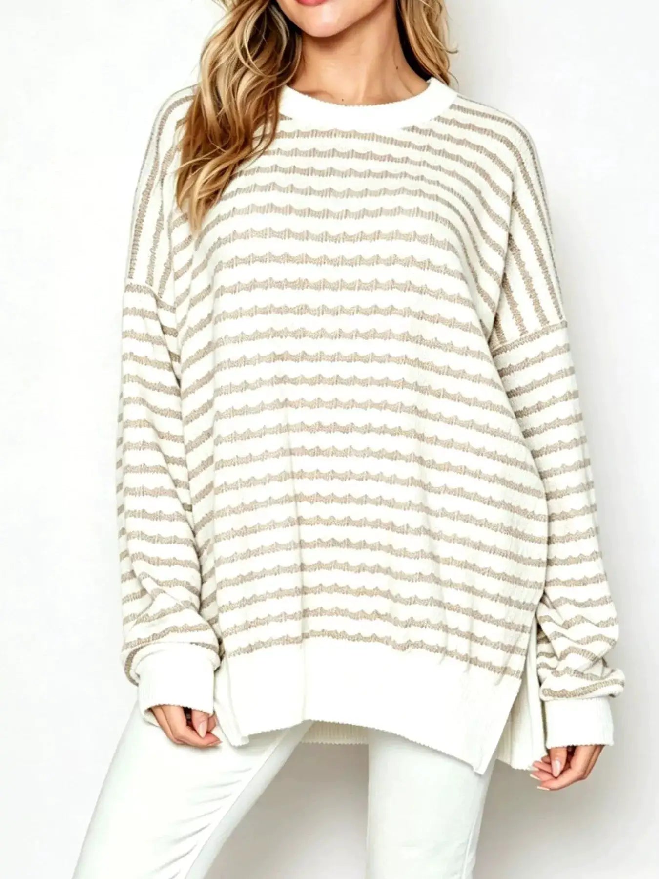 Oversized Striped Crew Neck Sweatshirt by Trendsi