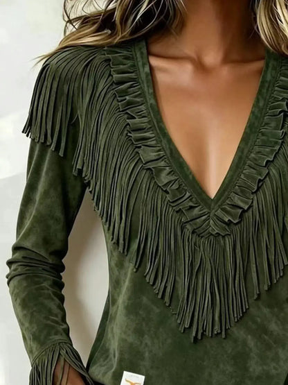 Fringed V-Neck Blouse by Trendsi