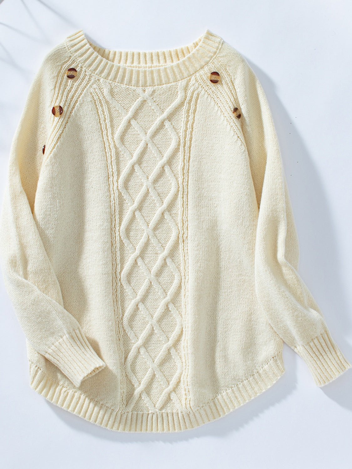 Decorative Button Round Neck Raglan Sleeve Sweater - Bitsy Gypsy Boutique