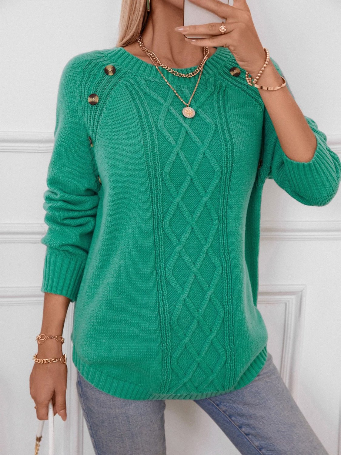 Decorative Button Round Neck Raglan Sleeve Sweater - Bitsy Gypsy Boutique