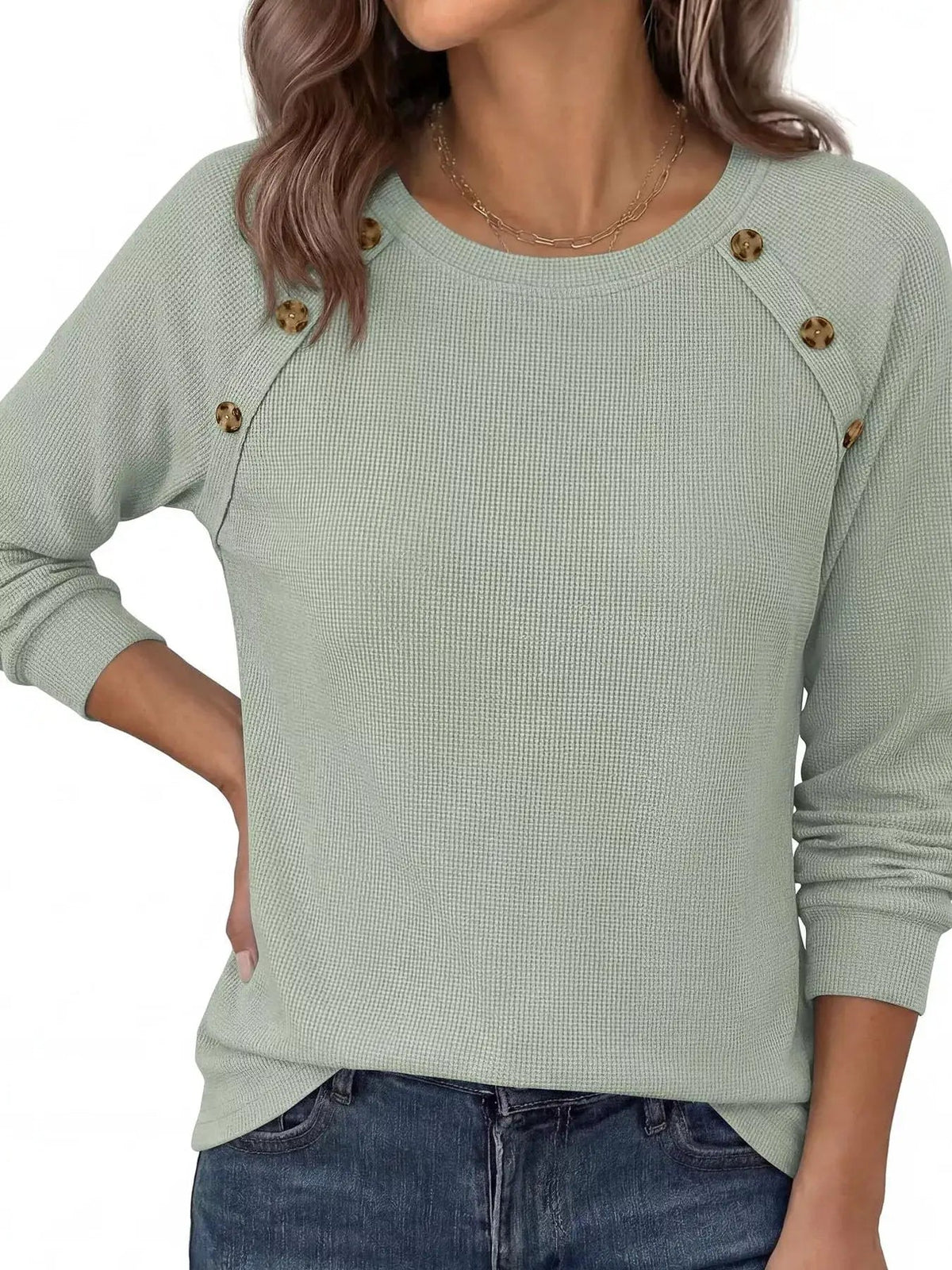 Decorative Button Waffle Knit Long Sleeve T-Shirt - Bitsy Gypsy Boutique