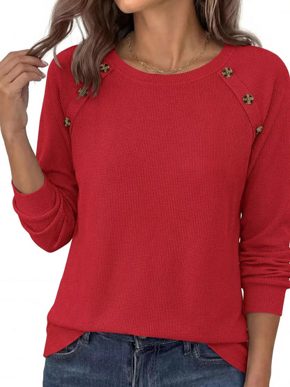 Decorative Button Waffle Knit Long Sleeve T-Shirt - Bitsy Gypsy Boutique
