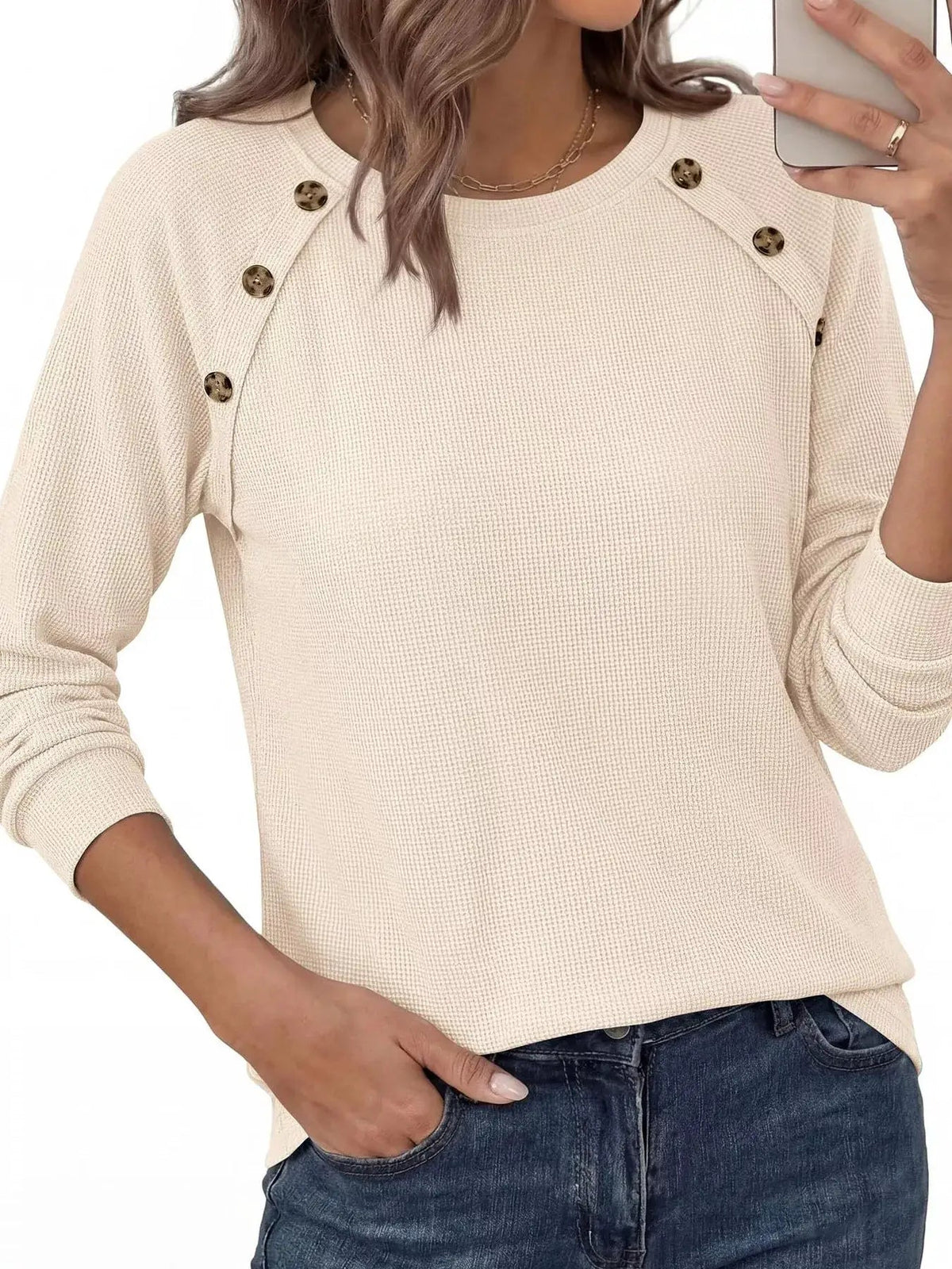 Decorative Button Waffle Knit Long Sleeve T-Shirt - Bitsy Gypsy Boutique