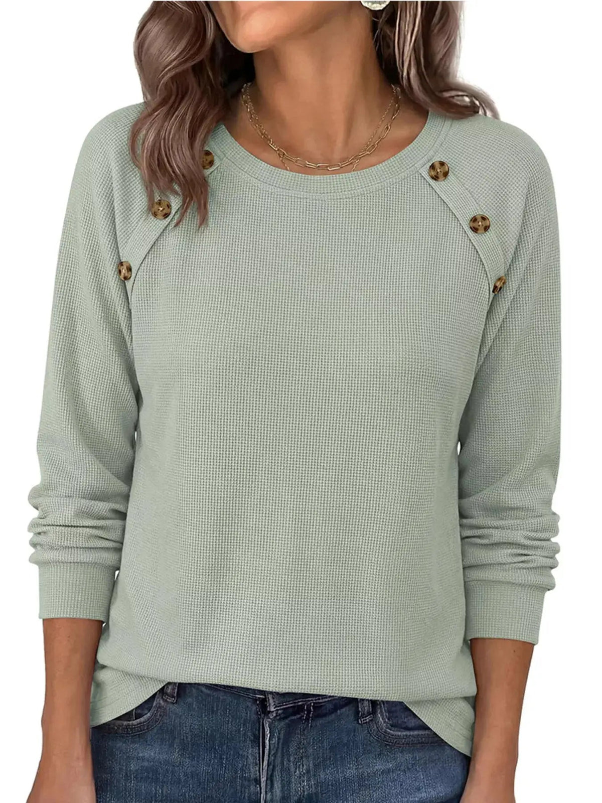 Decorative Button Waffle Knit Long Sleeve T-Shirt - Bitsy Gypsy Boutique