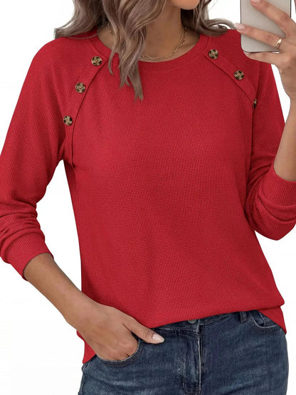 Decorative Button Waffle Knit Long Sleeve T-Shirt - Bitsy Gypsy Boutique