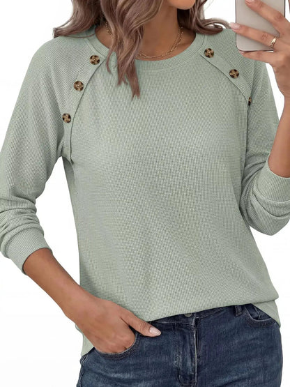 Decorative Button Waffle Knit Long Sleeve T-Shirt - Bitsy Gypsy Boutique