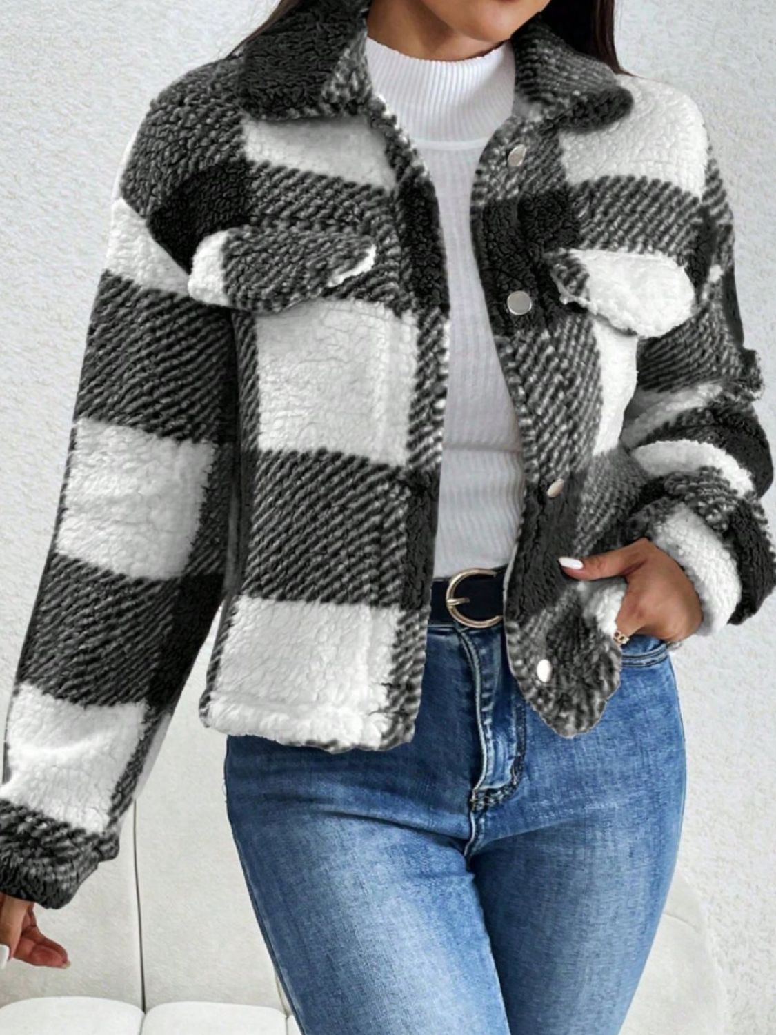 Decorative Pocket Flap Plaid Long Sleeve Jacket - Bitsy Gypsy Boutique