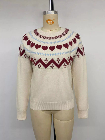 Heart-Patterned Crew Neck Sweater by Trendsi