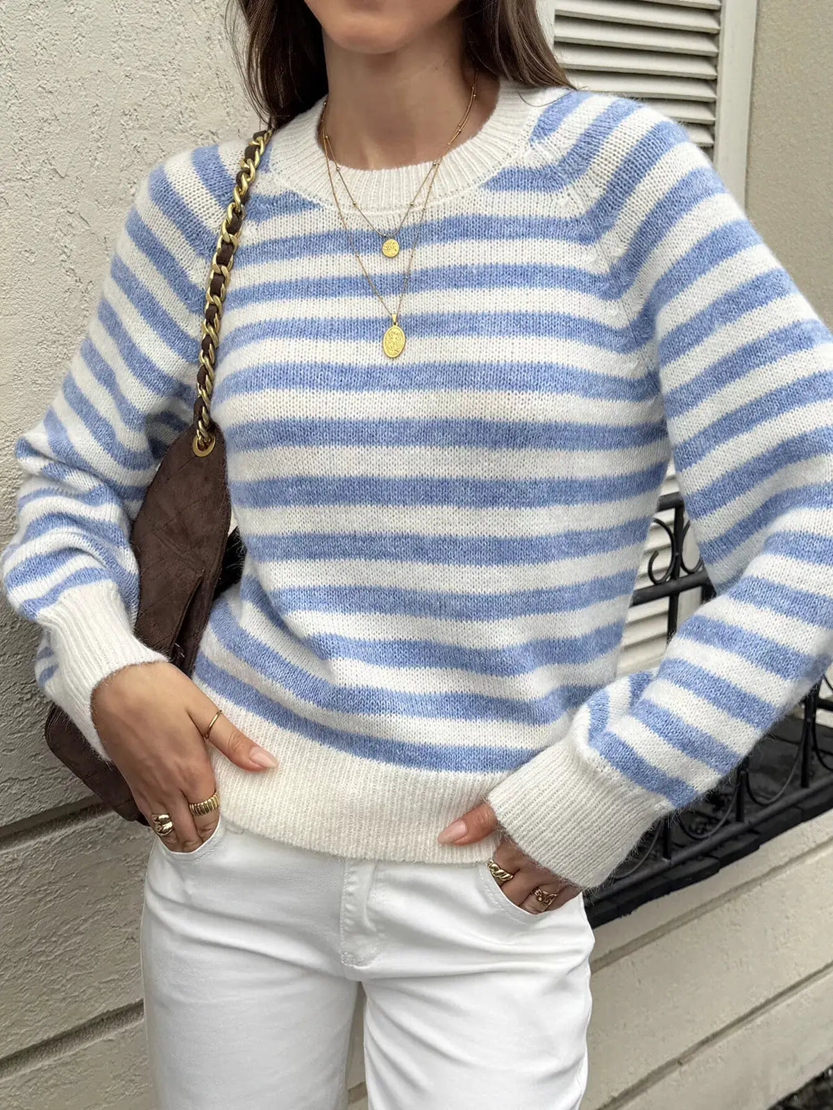 Striped Crew Neck Dropped Shoulder Sweater by Trendsi