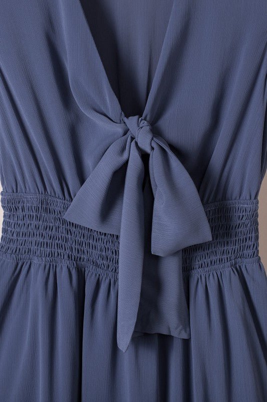 Deep V - Neck Knotted Front Layered Flare Mini Dress - Bitsy Gypsy Boutique