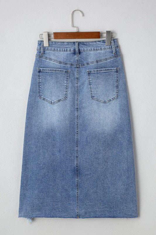 Denim Asymmetrical Distressed Midi Skirt - Bitsy Gypsy Boutique