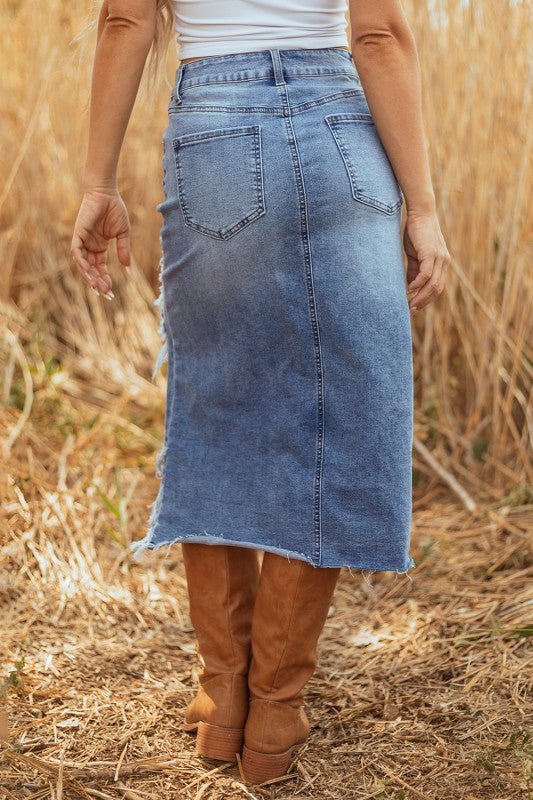 Denim Asymmetrical Distressed Midi Skirt - Bitsy Gypsy Boutique