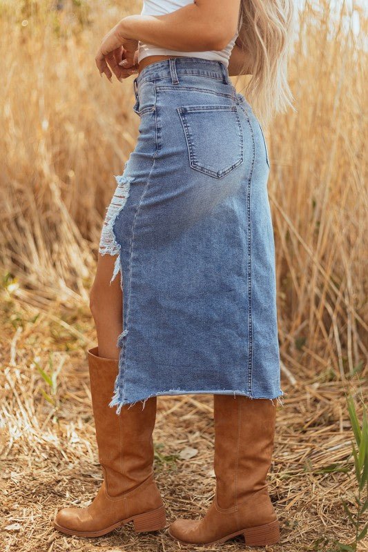 Denim Asymmetrical Distressed Midi Skirt - Bitsy Gypsy Boutique