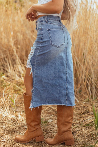 Denim Asymmetrical Distressed Midi Skirt - Bitsy Gypsy Boutique