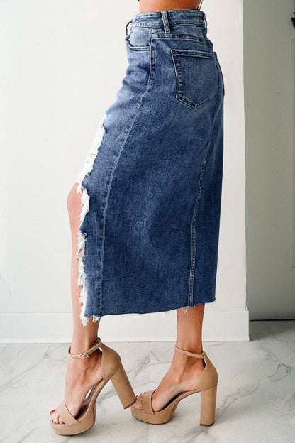 Denim Asymmetrical Distressed Midi Skirt - Bitsy Gypsy Boutique