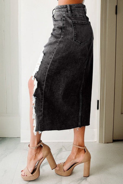 Denim Asymmetrical Distressed Midi Skirt - Bitsy Gypsy Boutique