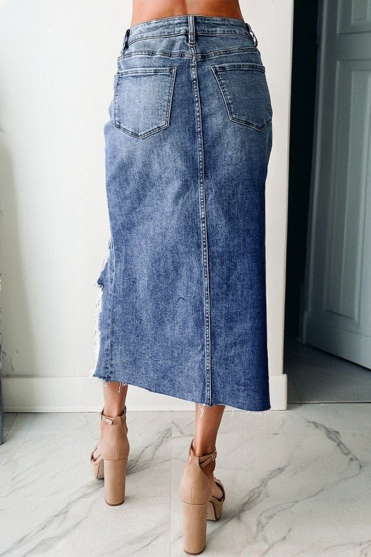 Denim Asymmetrical Distressed Midi Skirt - Bitsy Gypsy Boutique