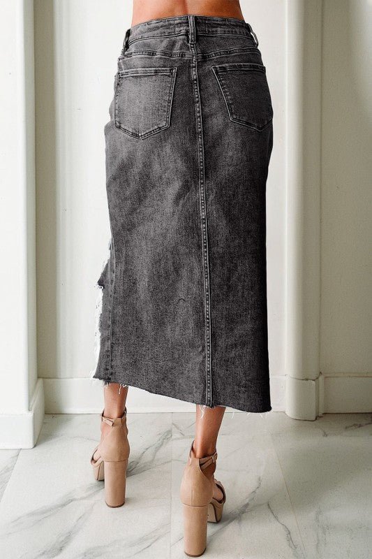 Denim Asymmetrical Distressed Midi Skirt - Bitsy Gypsy Boutique