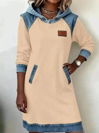 Denim Patchwork Hooded Long Sleeve Sweatshirt Dress - Bitsy Gypsy Boutique