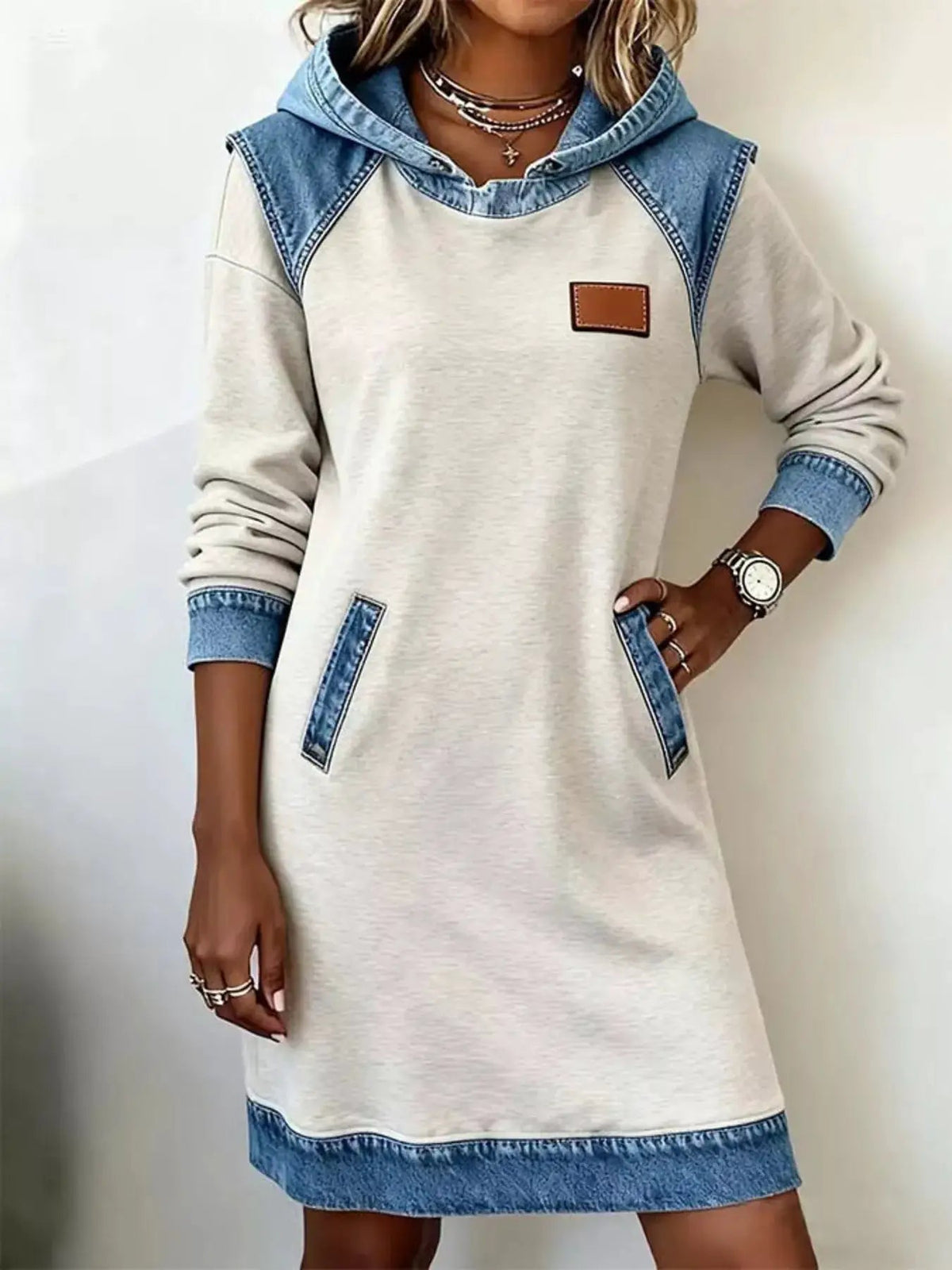 Denim Patchwork Hooded Long Sleeve Sweatshirt Dress - Bitsy Gypsy Boutique