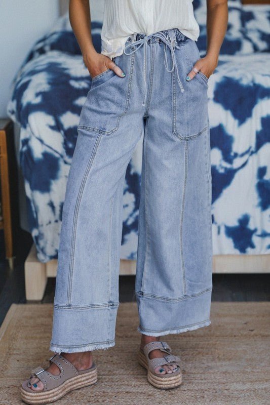 Denim Raw Hem Drawstring Wide Leg Pants - Bitsy Gypsy Boutique