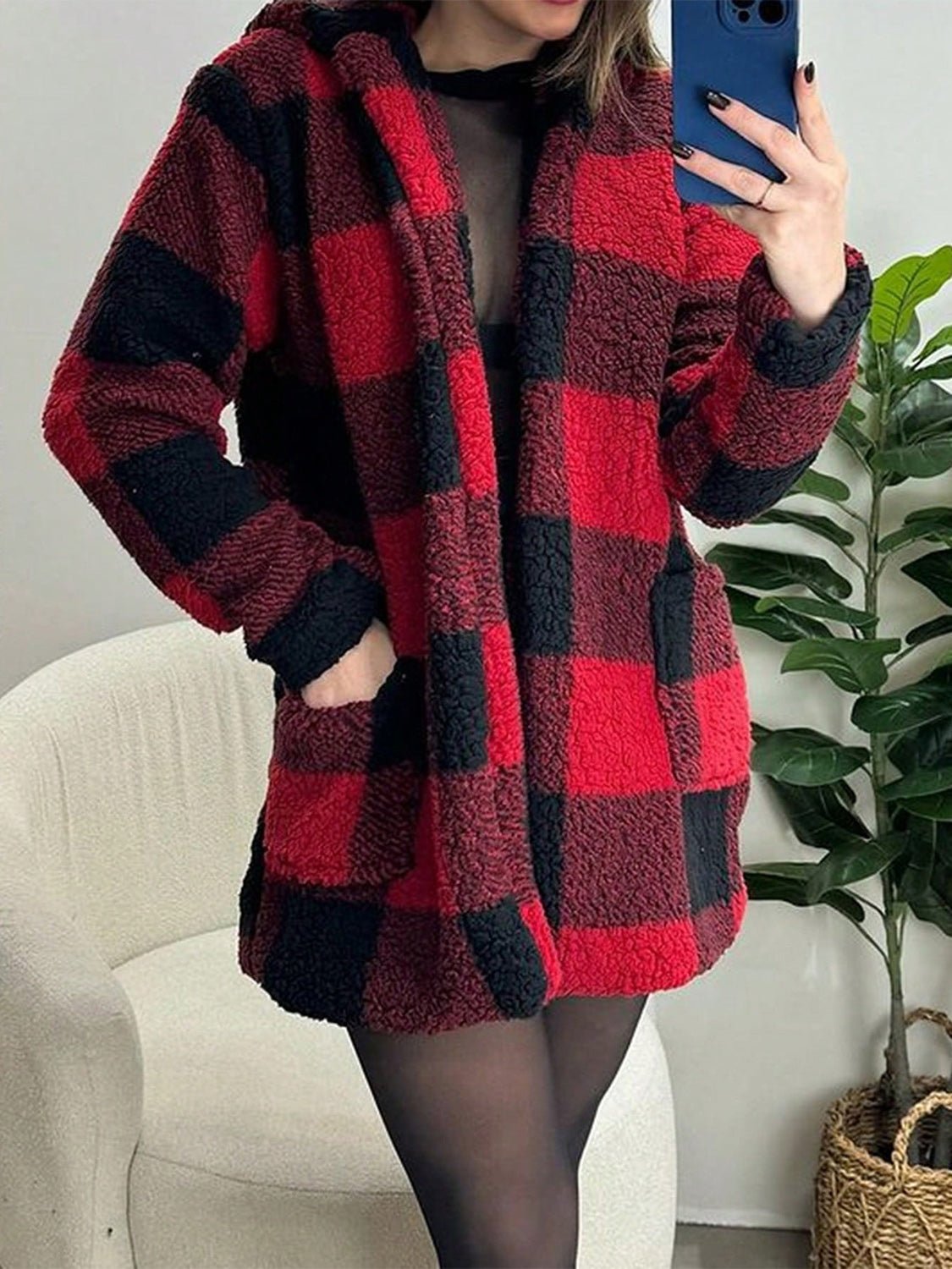 Devine Fuzzy Plaid Open Front Hooded Jacket - Bitsy Gypsy Boutique