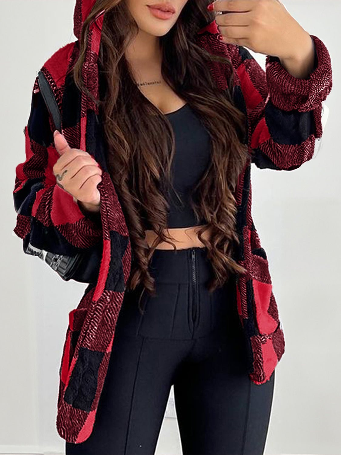 Devine Fuzzy Plaid Open Front Hooded Jacket - Bitsy Gypsy Boutique