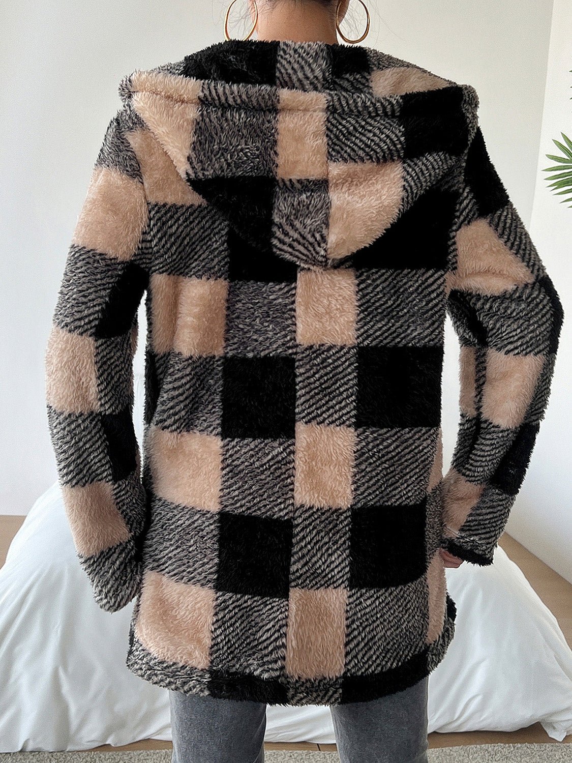 Devine Fuzzy Plaid Open Front Hooded Jacket - Bitsy Gypsy Boutique