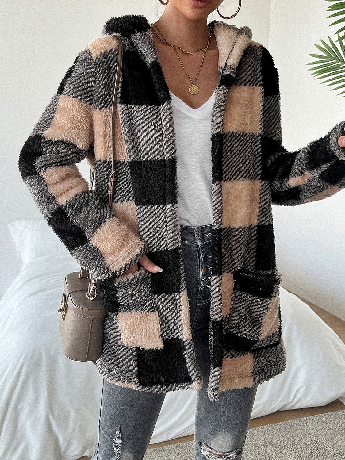 Devine Fuzzy Plaid Open Front Hooded Jacket - Bitsy Gypsy Boutique