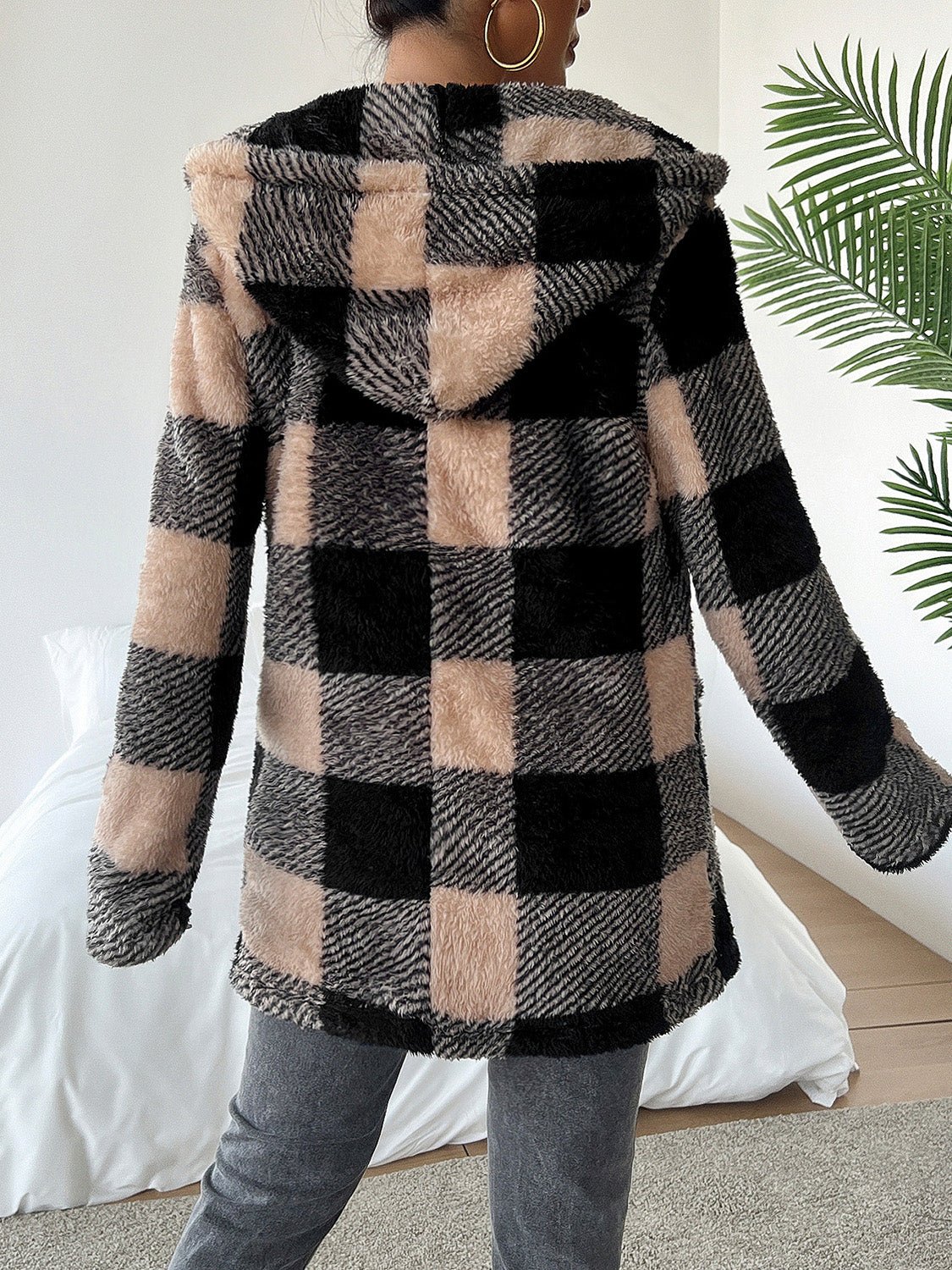 Devine Fuzzy Plaid Open Front Hooded Jacket - Bitsy Gypsy Boutique