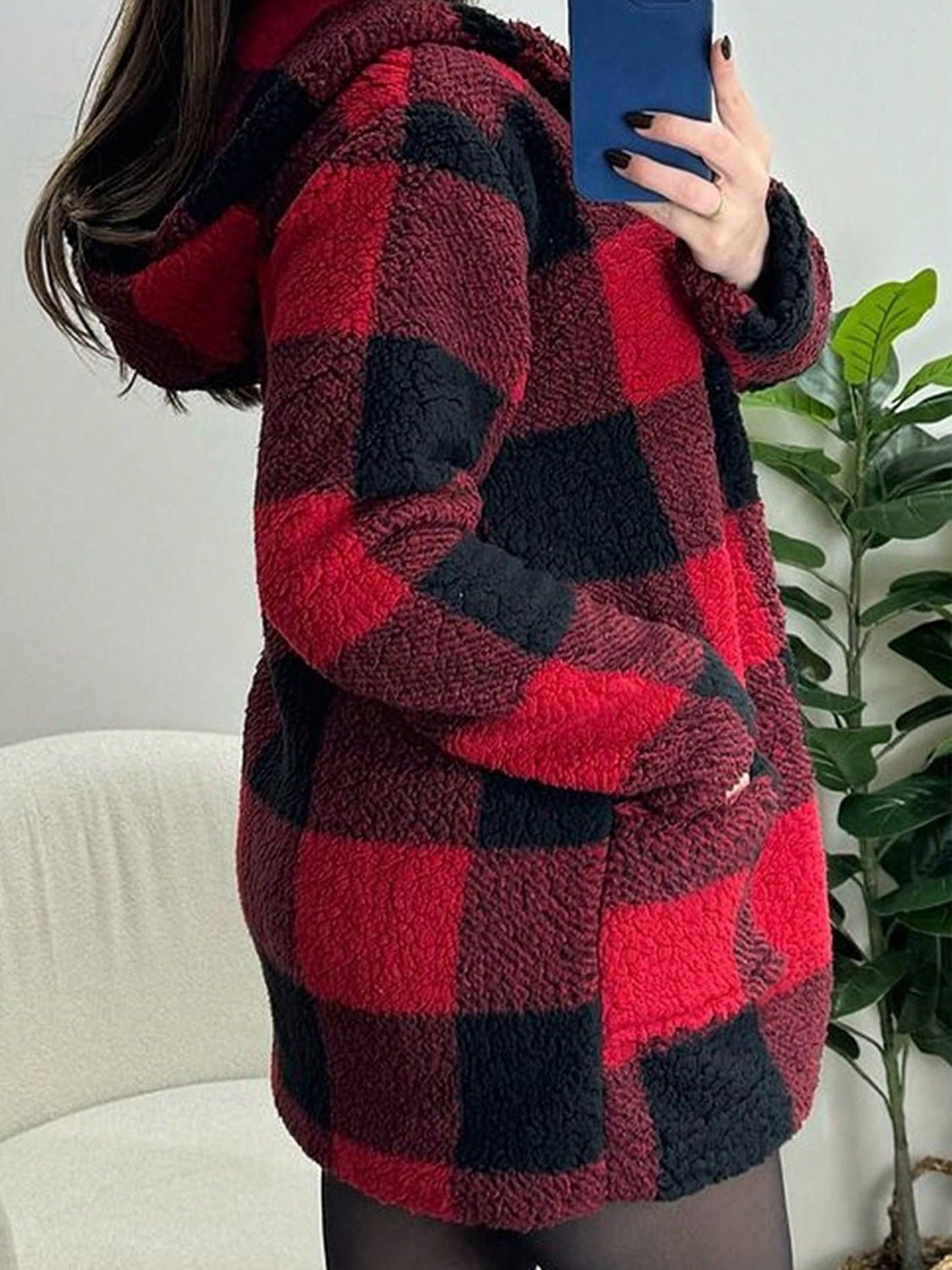 Devine Fuzzy Plaid Open Front Hooded Jacket - Bitsy Gypsy Boutique