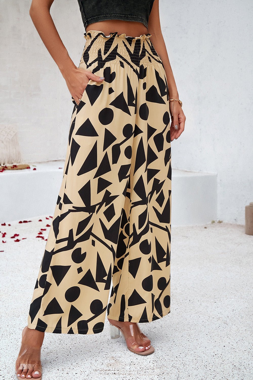 Devine Smocked Printed Wide Leg Pants with Pockets - Bitsy Gypsy Boutique