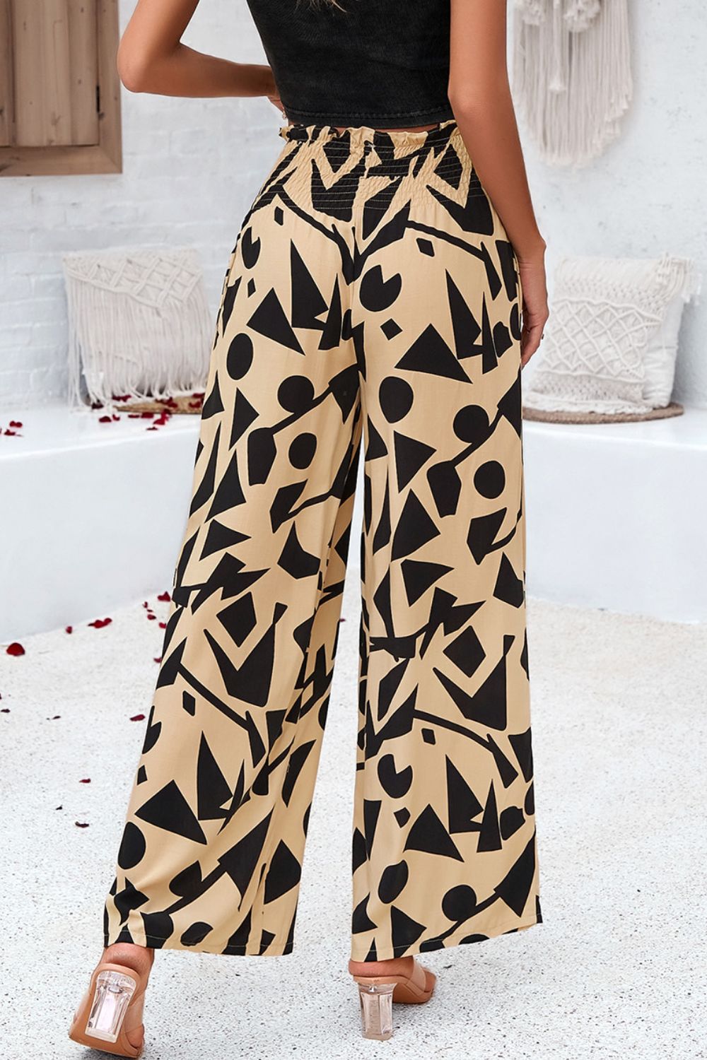 Devine Smocked Printed Wide Leg Pants with Pockets - Bitsy Gypsy Boutique