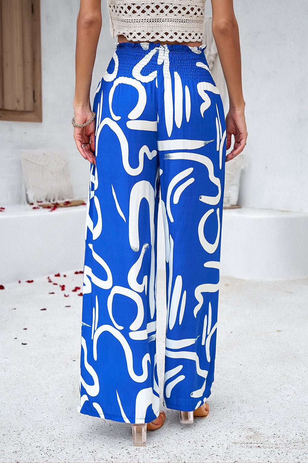 Devine Smocked Printed Wide Leg Pants with Pockets - Bitsy Gypsy Boutique