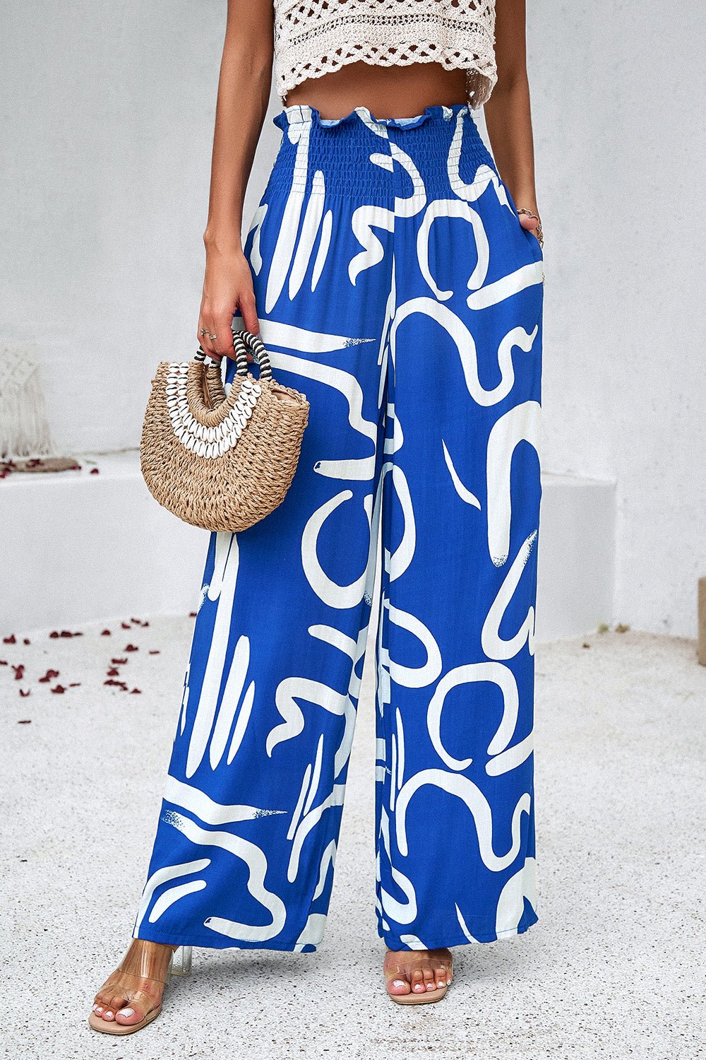 Devine Smocked Printed Wide Leg Pants with Pockets - Bitsy Gypsy Boutique