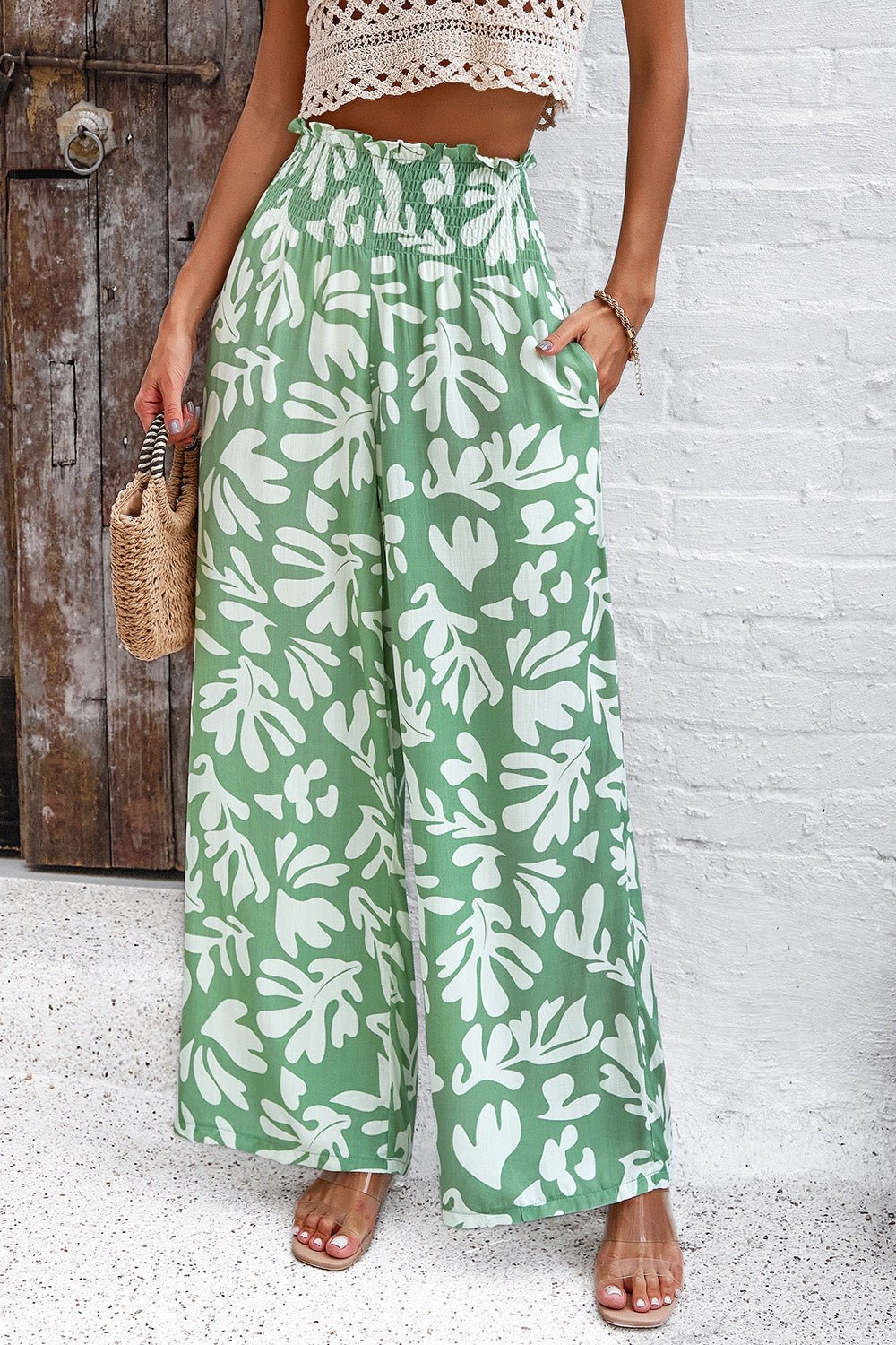 Devine Smocked Printed Wide Leg Pants with Pockets - Bitsy Gypsy Boutique