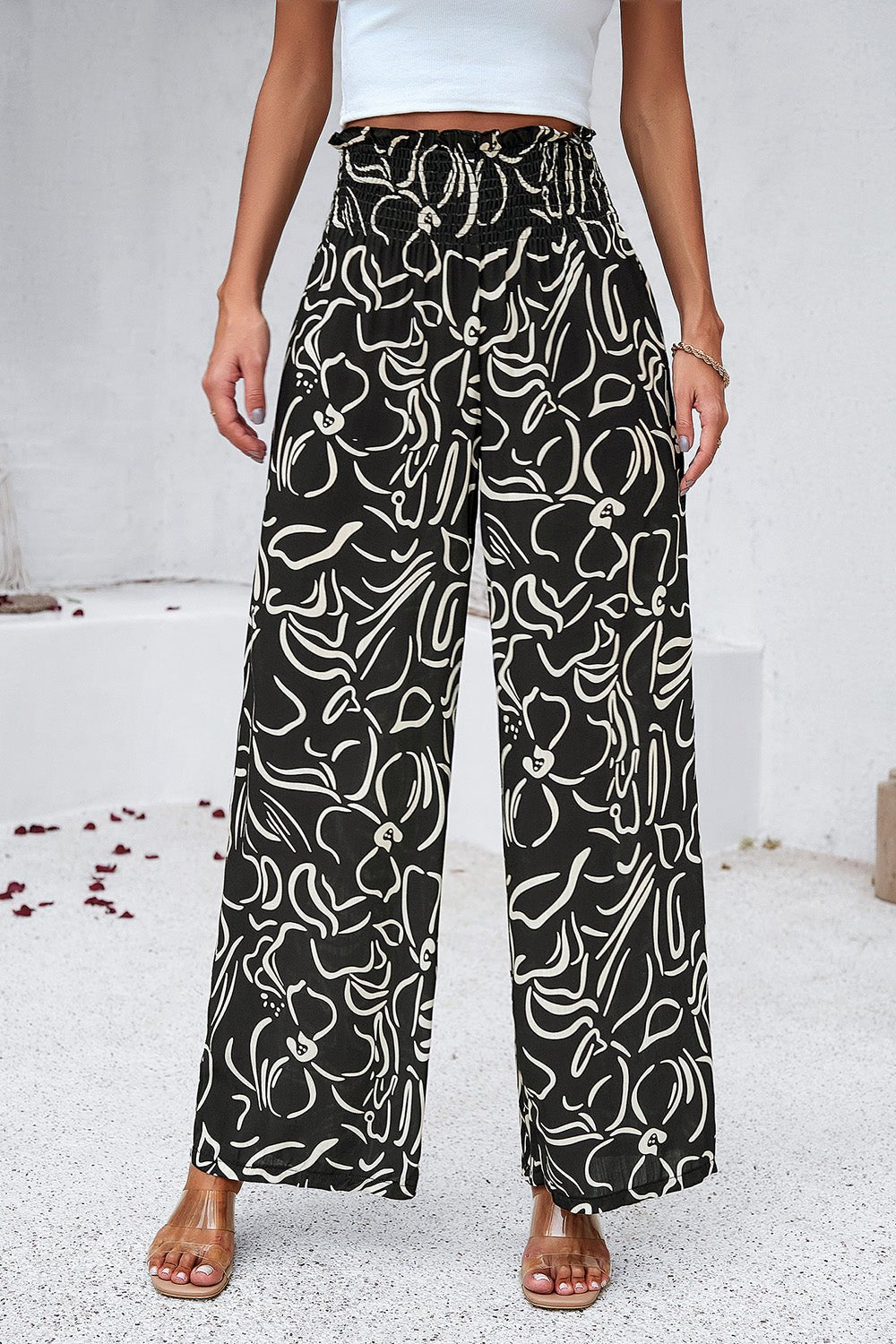 Devine Smocked Printed Wide Leg Pants with Pockets - Bitsy Gypsy Boutique