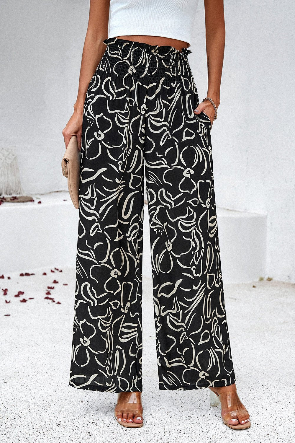 Devine Smocked Printed Wide Leg Pants with Pockets - Bitsy Gypsy Boutique