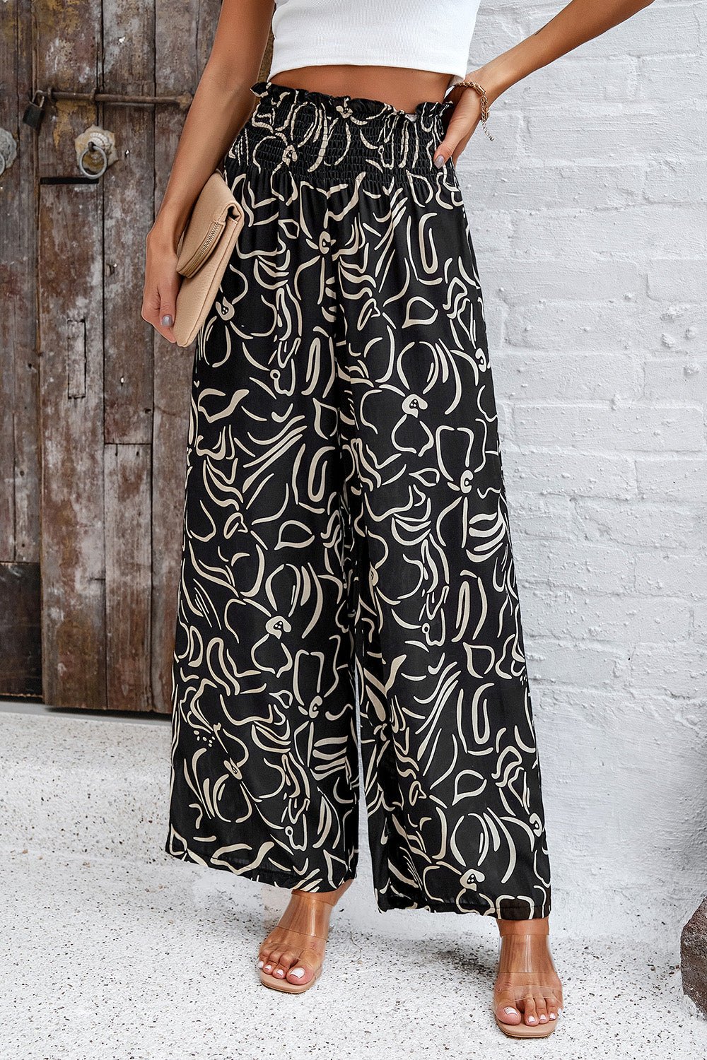 Devine Smocked Printed Wide Leg Pants with Pockets - Bitsy Gypsy Boutique