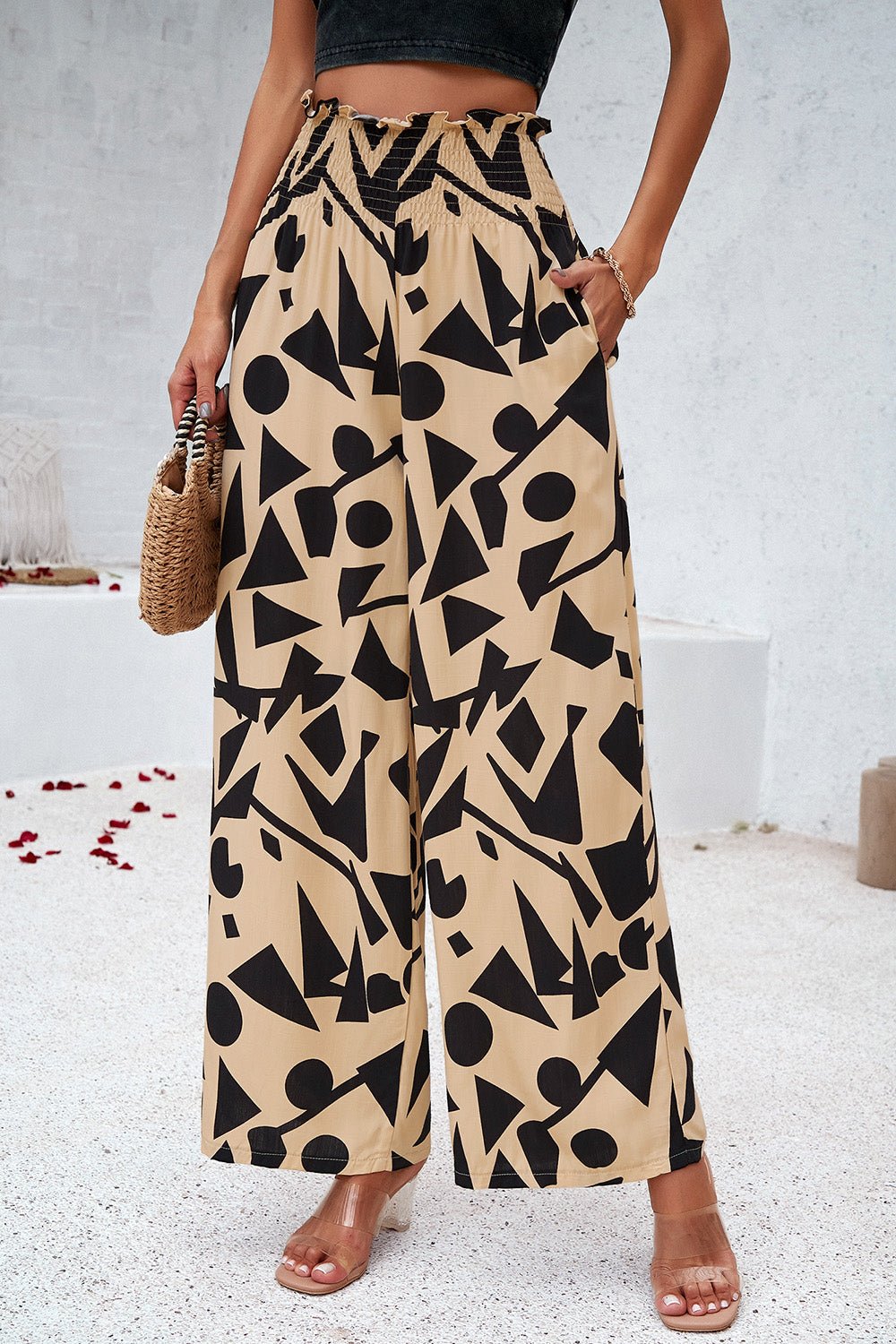 Devine Smocked Printed Wide Leg Pants with Pockets - Bitsy Gypsy Boutique