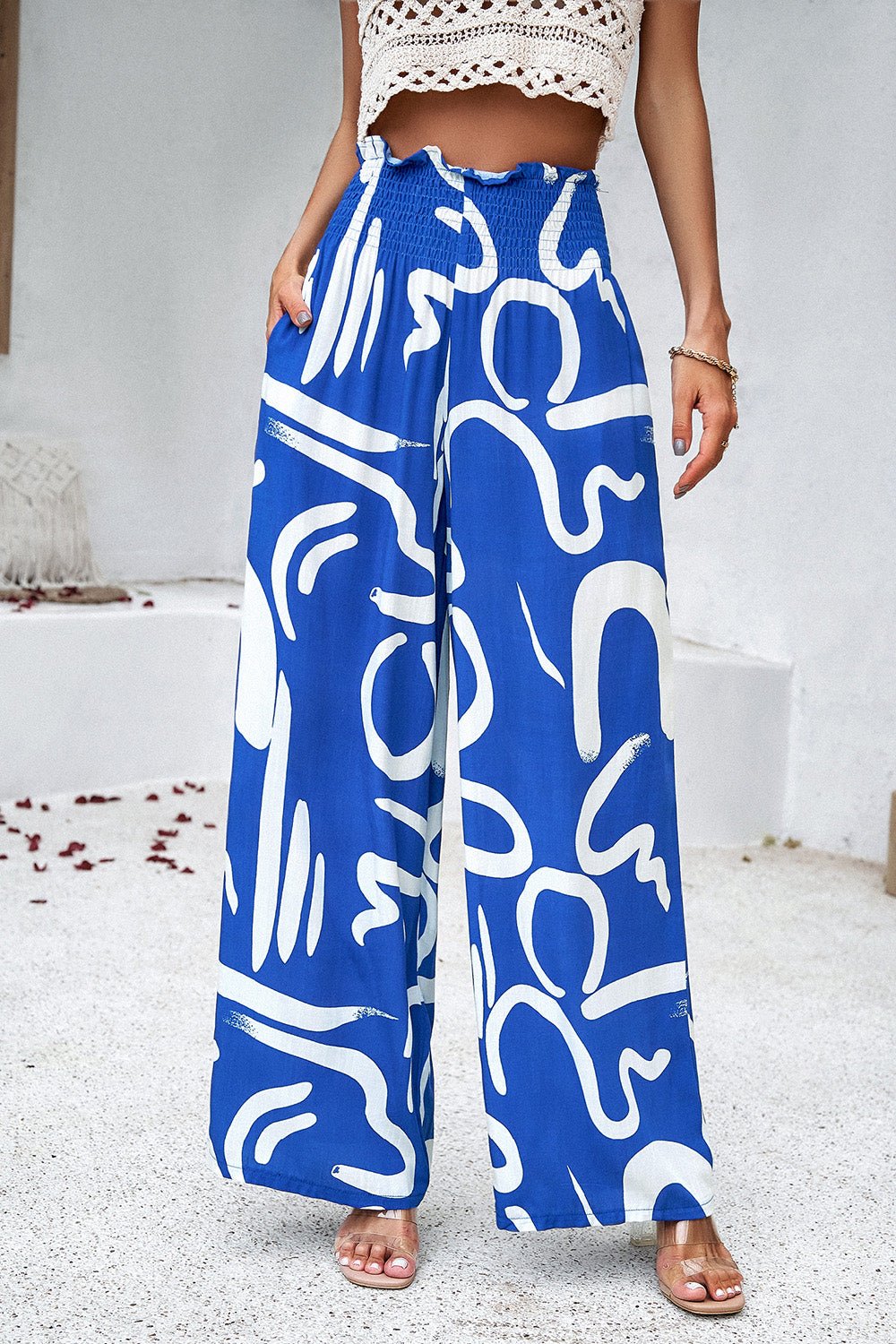 Devine Smocked Printed Wide Leg Pants with Pockets - Bitsy Gypsy Boutique