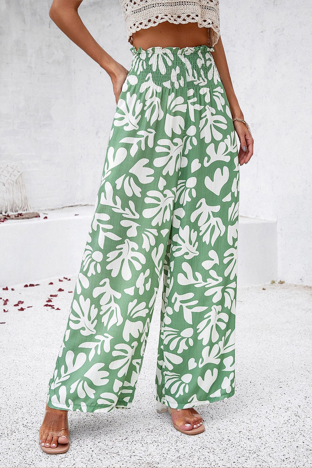 Devine Smocked Printed Wide Leg Pants with Pockets - Bitsy Gypsy Boutique