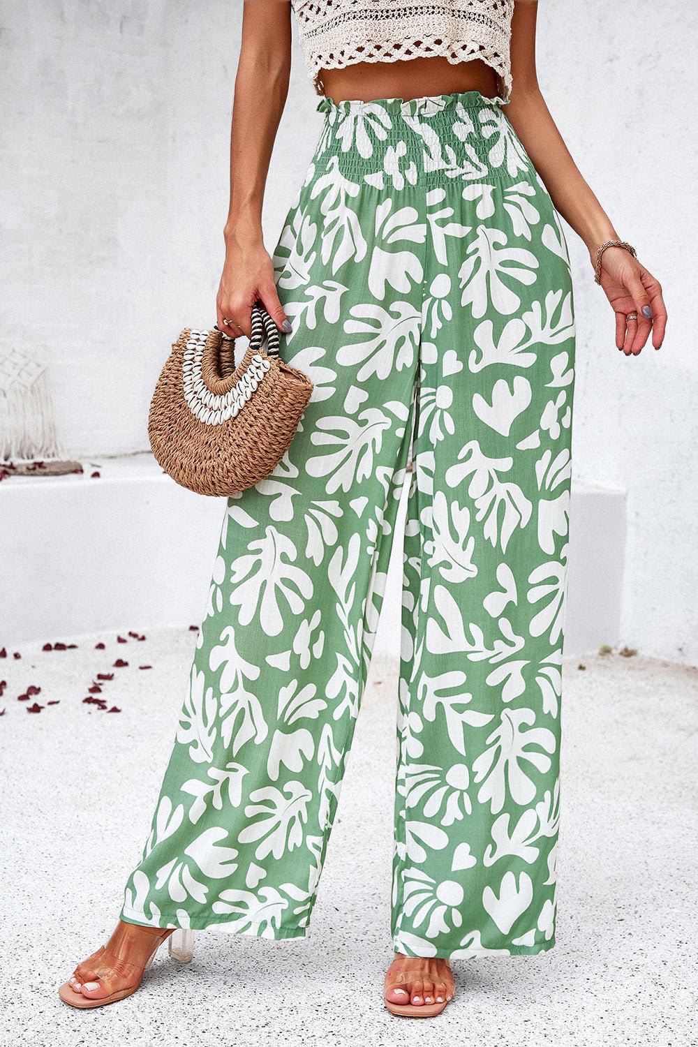 Devine Smocked Printed Wide Leg Pants with Pockets - Bitsy Gypsy Boutique