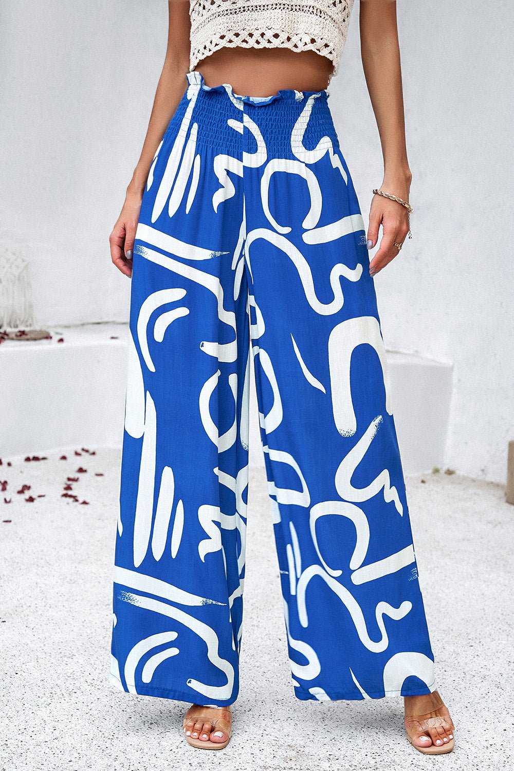 Devine Smocked Printed Wide Leg Pants with Pockets - Bitsy Gypsy Boutique