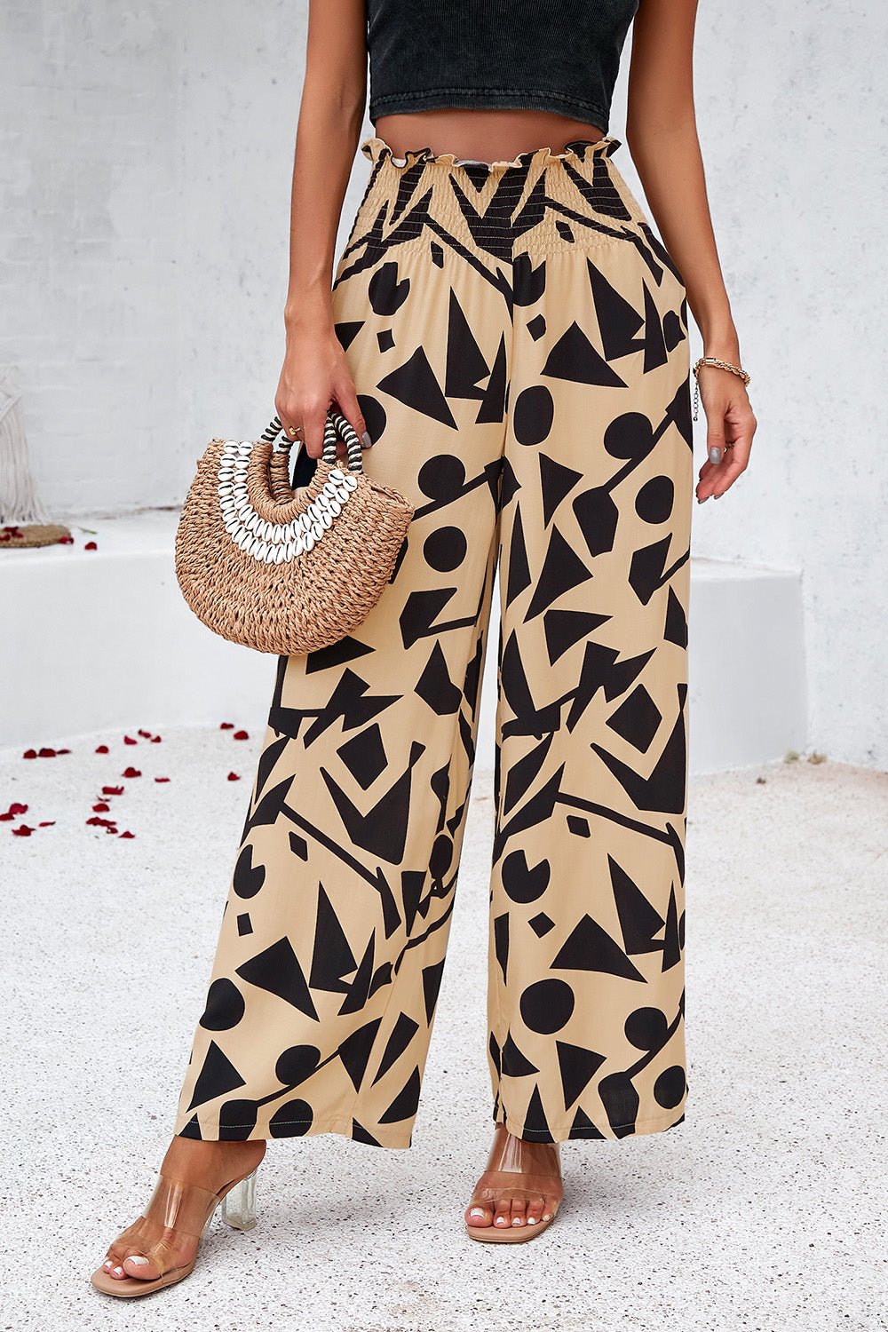 Devine Smocked Printed Wide Leg Pants with Pockets - Bitsy Gypsy Boutique